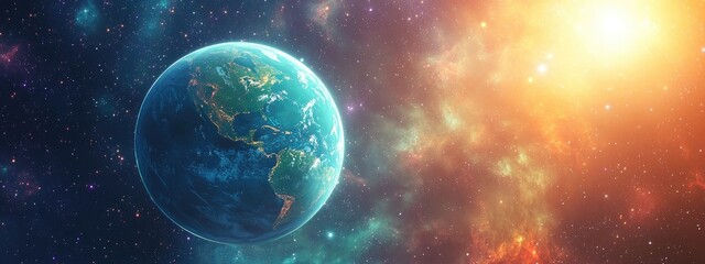 Obraz premium 3D cartoon depiction of the blue and green planet set against a vibrant galaxy background filled with dust and fog featuring bright starlight scattering and numerous shining stars along with a sun