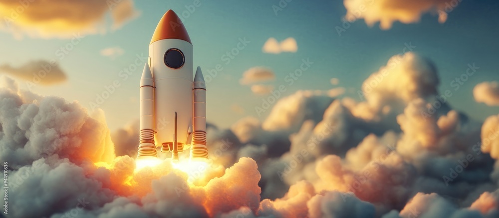 Aufkleber modern space rocket in a beautiful cloudy sky 3d cartoon rendering