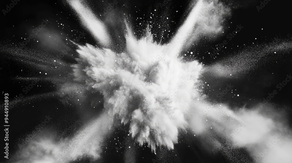 Poster Freeze motion of white particles on a black background in a 3D cartoon rendering Powder explosion