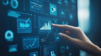 Hand pointing at futuristic financial data dashboard, digital business analytics concept, interactive touchscreen technology, stock market and economic trends visualization