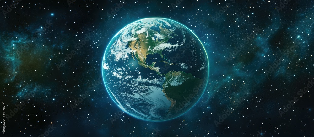 Poster 3d cartoon depiction of earth in space view of the planet from above