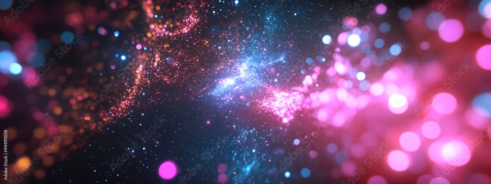 Poster Through space starfield abstract particles and neon rays background in a 3D cartoon rendering