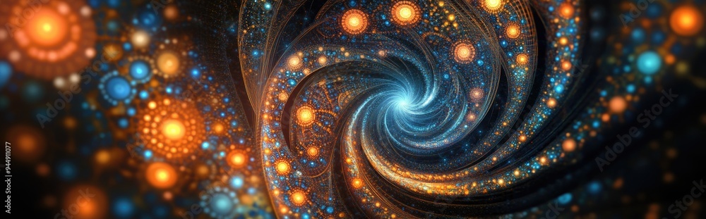 Poster Fractal radial pattern depicted in a 3D cartoon rendering focusing on themes of science technology and design
