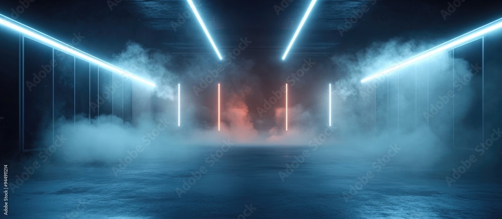 Poster Background of an empty dark room with empty walls neon light smoke and glow in a 3D cartoon rendering