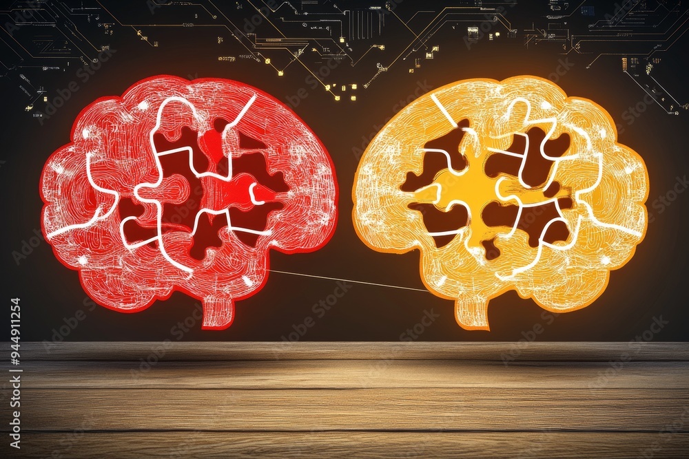 Aufkleber red and yellow puzzle brain sculptures illuminated by light representing the dynamics of thought cog