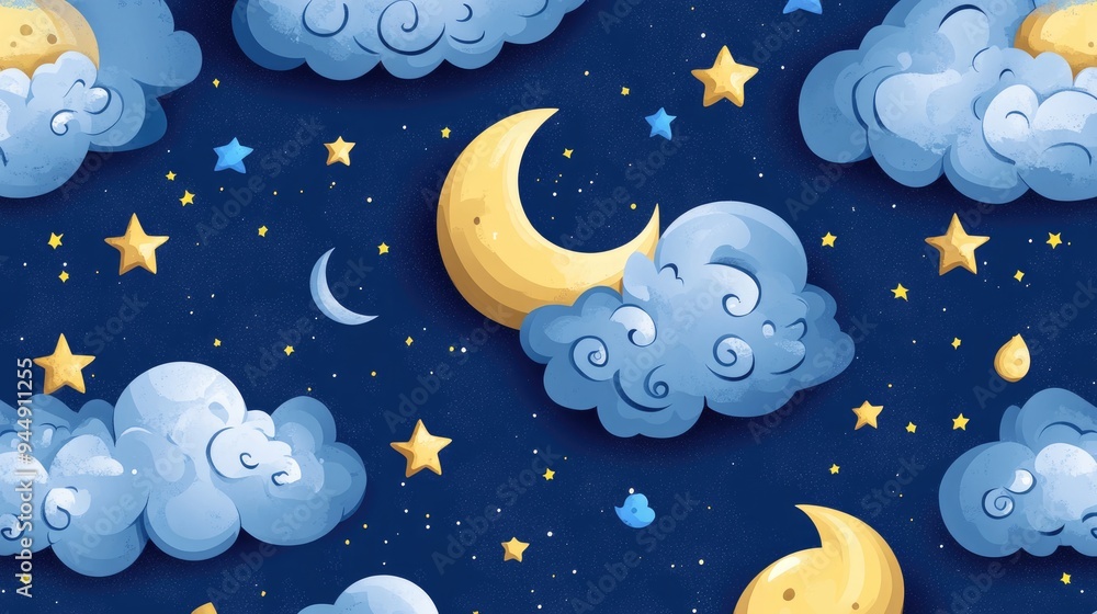 Poster seamless pattern featuring a 3d cartoon rendering of a starry night with moons stars and clouds boho