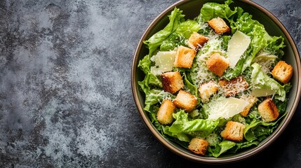 Delectable Caesar Salad with Crunchy Croutons and Parmesan Cheese   A Flavorful and Nutritious Meal Option Showcasing Fresh Greens Savory Toppings and Ample Copy Space for Messaging