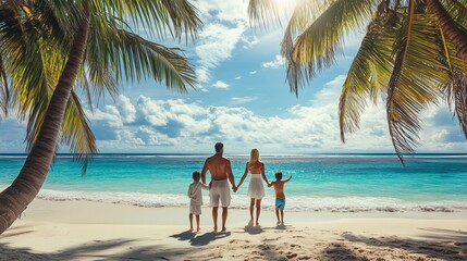 A family enjoying a sunny day at the beach during summer by the oceanfront under palm trees