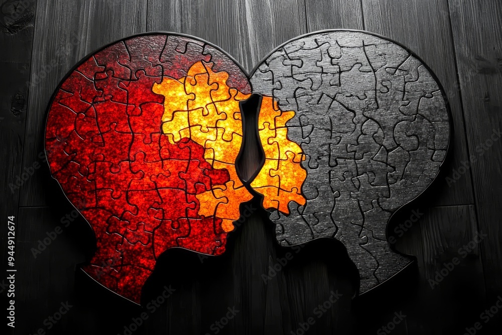 Aufkleber abstract heads with red and yellow puzzle elements representing cognitive dissonance conflict and th