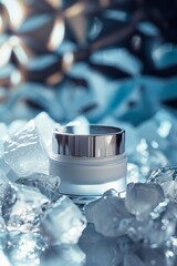 Skincare cream jar resting on ice cubes with a shimmering, cool background in a relaxing spa setting