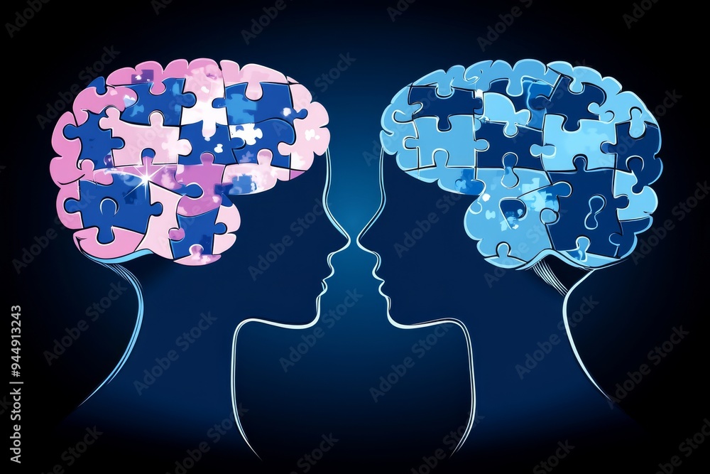 Poster abstract illustration of two brains with puzzle pieces symbolizing cognitive compatibility mental co