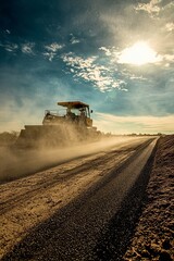 Fototapeta premium The road paving machine operates in a desert environment, laying asphalt under the intense midday sun. The heat creates