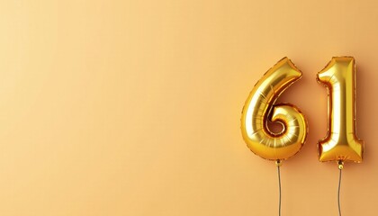 Banner with number 61 golden balloon with copy space. Sixty-first birthday celebration on a solid color background.