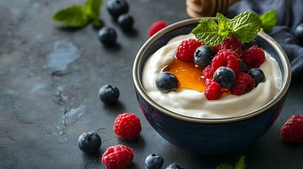 Closeup of a bowl filled with creamy Greek yogurt drizzled with golden honey and topped with an assortment of fresh vibrant berries