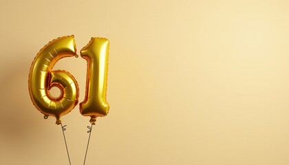 Banner with number 61 golden balloon with copy space. Sixty-first birthday celebration on a solid color background.