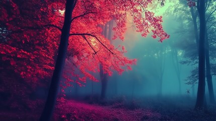 A misty evergreen forest with vibrant red leaves glowing in autumn during early morning light