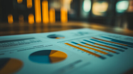 Business analytics report with colorful charts and graphs displayed on a wooden table in a modern office setting