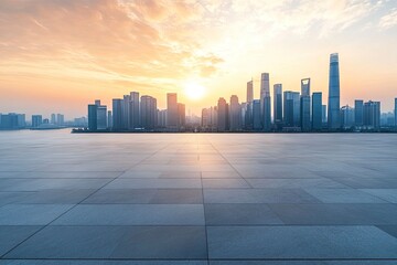 Empty floor and modern city skyline with building at sunset in Suzhou, Jiangsu Province, China. high angle view , ai