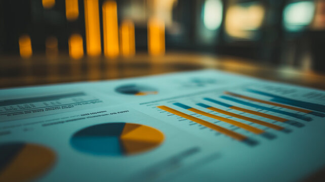 Business analytics report with colorful charts and graphs displayed on a wooden table in a modern office setting