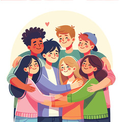 people sharing a group hug in flat design style