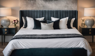 A plush bed with white linens and black pillows sits in a bedroom with two bedside lamps