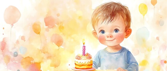 Cute watercolor cartoon baby with a small cake, celebrating a first birthday