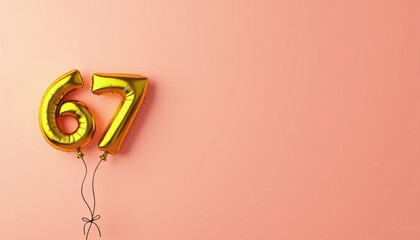 Banner with number 67 golden balloon with copy space. Sixty-seventh birthday celebration on a solid color background.