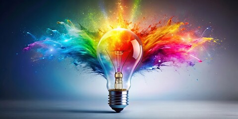 Colorful energy burst as lightbulb shatters, releasing spectrum of ideas and inspiration, creativity, explosion, colorful