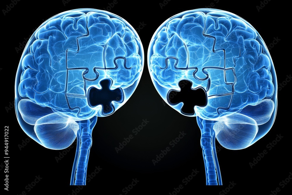 Poster x ray of two human heads facing each other with missing puzzle pieces highlighting cognitive compati