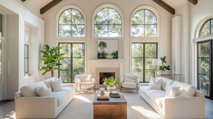 Spacious Living Room with White Sofas, Large Windows, and a Fireplace