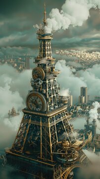 A steampunk version of the Eiffel Tower with smoke billowing from its top, a clock face, and intricate gears.