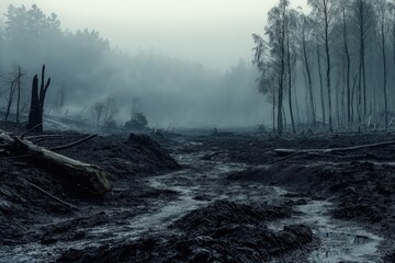 Apocalyptic landscape showing severe environmental pollution impacting trees