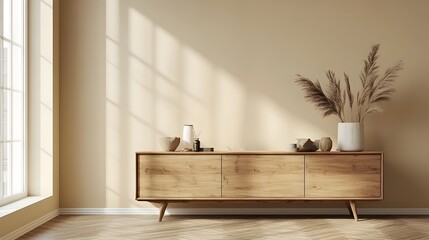 Minimalist Wooden Sideboard with Decorative Accents in Serene Beige Interior