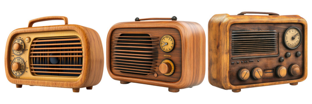 Vintage radios in different designs isolated on transparent background