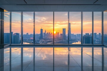 Fototapeta premium Empty floor and modern city skyline with building at sunset in Suzhou, Jiangsu Province, China. high angle view , ai