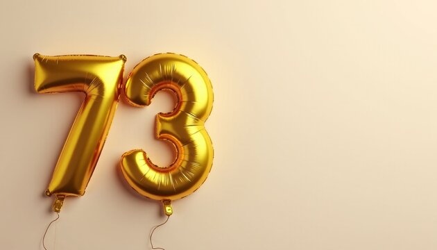 Banner with number 73 golden balloon with copy space. Seventy-third birthday celebration on a solid color background.