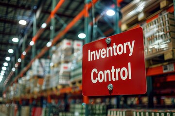A bright sign stating "Inventory Control" located in a warehouse area, emphasizing the management of stock levels 