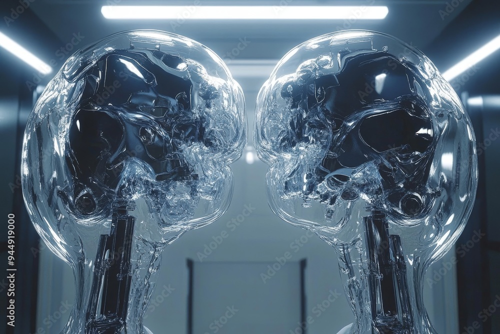 Aufkleber two glass brain sculptures facing each other representing cognitive reflection transparency of thoug
