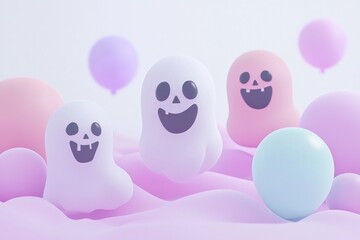Playful ghost shaped marshmallows on pastel background