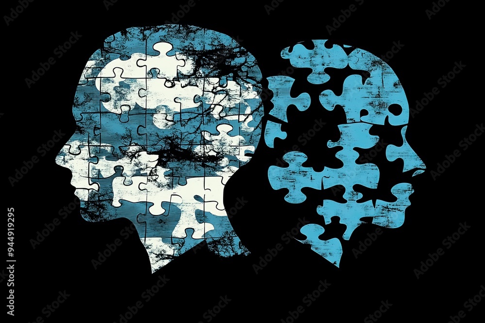 Poster puzzle head silhouettes in blue tones representing cognitive complexity problem solving and the chal