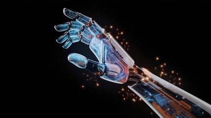 Naklejka premium 3D illustration of a transparent and glowing robot hand.