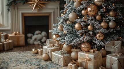 Elegant holiday tree with sparkling ornaments, gold and silver decorations, and a star topper, surrounded by wrapped gifts
