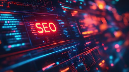 Obraz premium Bright neon SEO sign on a dark digital futuristic background. Concept of search engine optimization and online digital marketing.