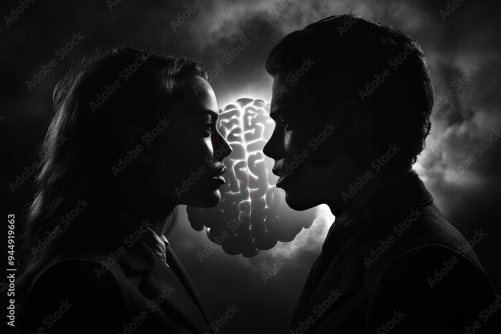Aufkleber silhouetted couple with visible puzzle brain highlighting cognitive connection mental compatibility 