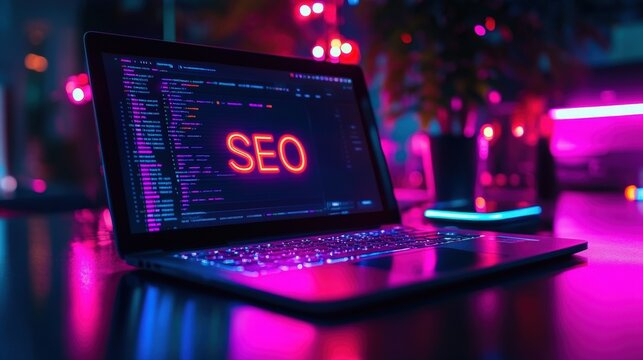 Laptop displaying SEO text in a techno-ambient workspace. Reflects digital marketing, coding, and futuristic technology vibes.