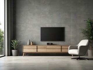 Modern Living Room with Concrete Wall, Flat Screen TV, and Wooden Cabinet