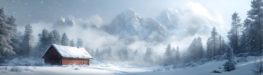 Snowy Mountain Cabin 3D Illustration