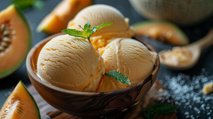Cantaloup ice cream scoops in wooden bowl garnished with fresh mint leaves, with Cantaloup in the background.