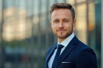 Handsome 30s top manager portrait in formal suit. Successful entrepreneur look camera. Confident business man smile. Young male businessman face. Urban city background. employee work. Office boss , ai
