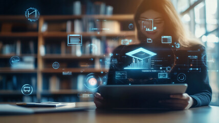A woman engaged in digital learning, exploring educational technology in a modern library during the daytime hours